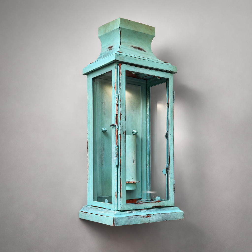 Reedham - Verdigris Effect Flush Wall Lantern - Glass Sconce
