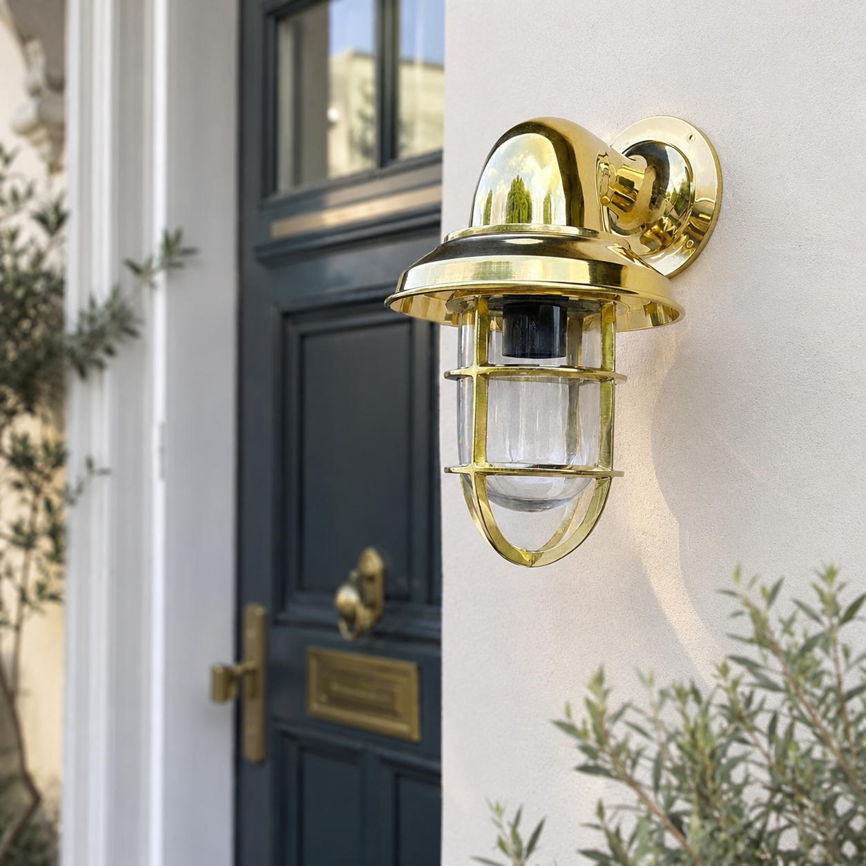 Wells Solid Brass Caged Swan Neck Wall Light - IP65