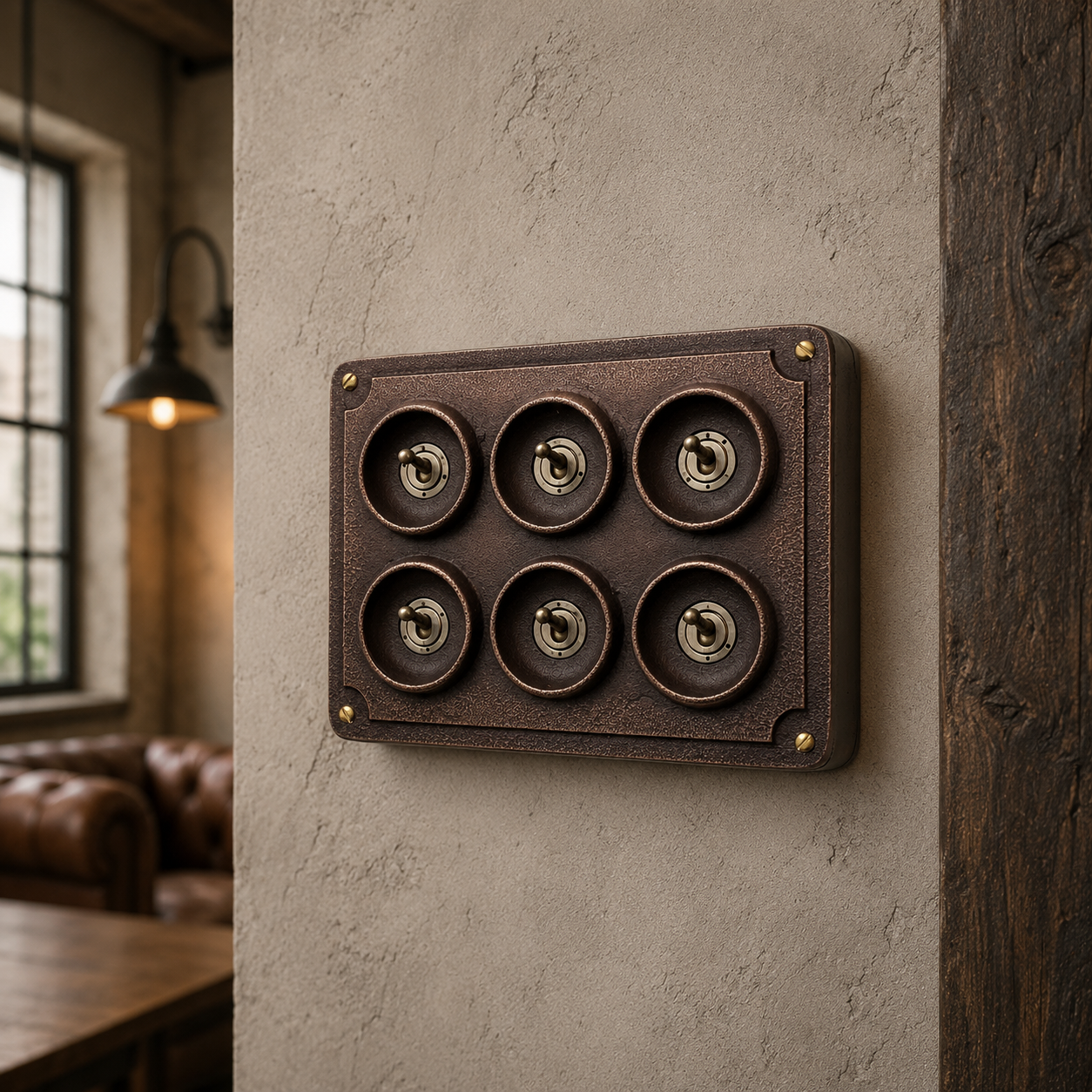 6 Gang 2 Way Antique Copper Conduit Toggle Light Switch | Cast Metal