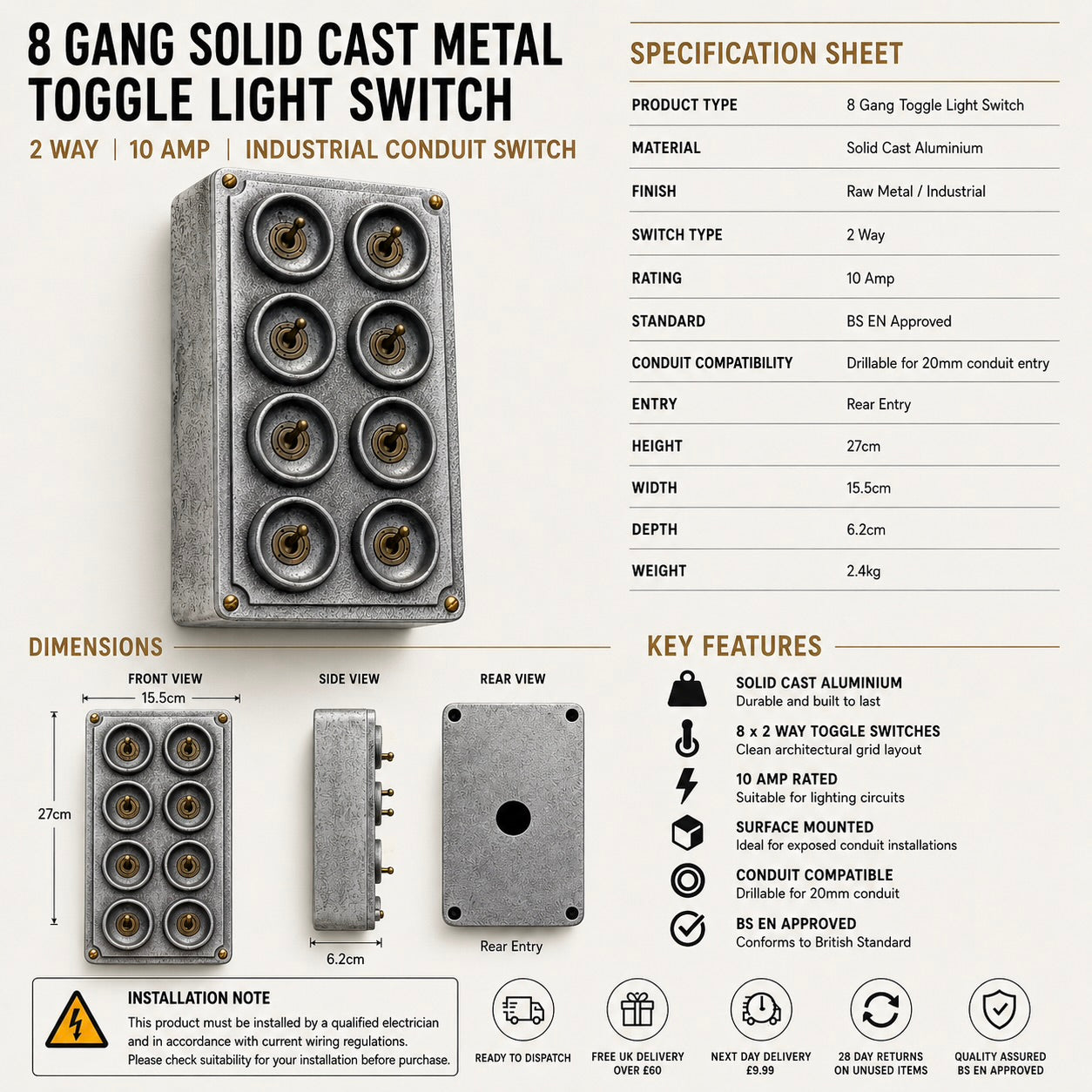 8 Gang 2 Way Toggle Light Switch | Cast Aluminium Surface Mounted