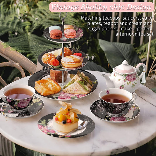 Mothers Day Coronation Party Afternoon Tea Coffee Cake Set with- 3 Tier Cake Stands 2 Cups 2 Saucers 4 Plate (Black