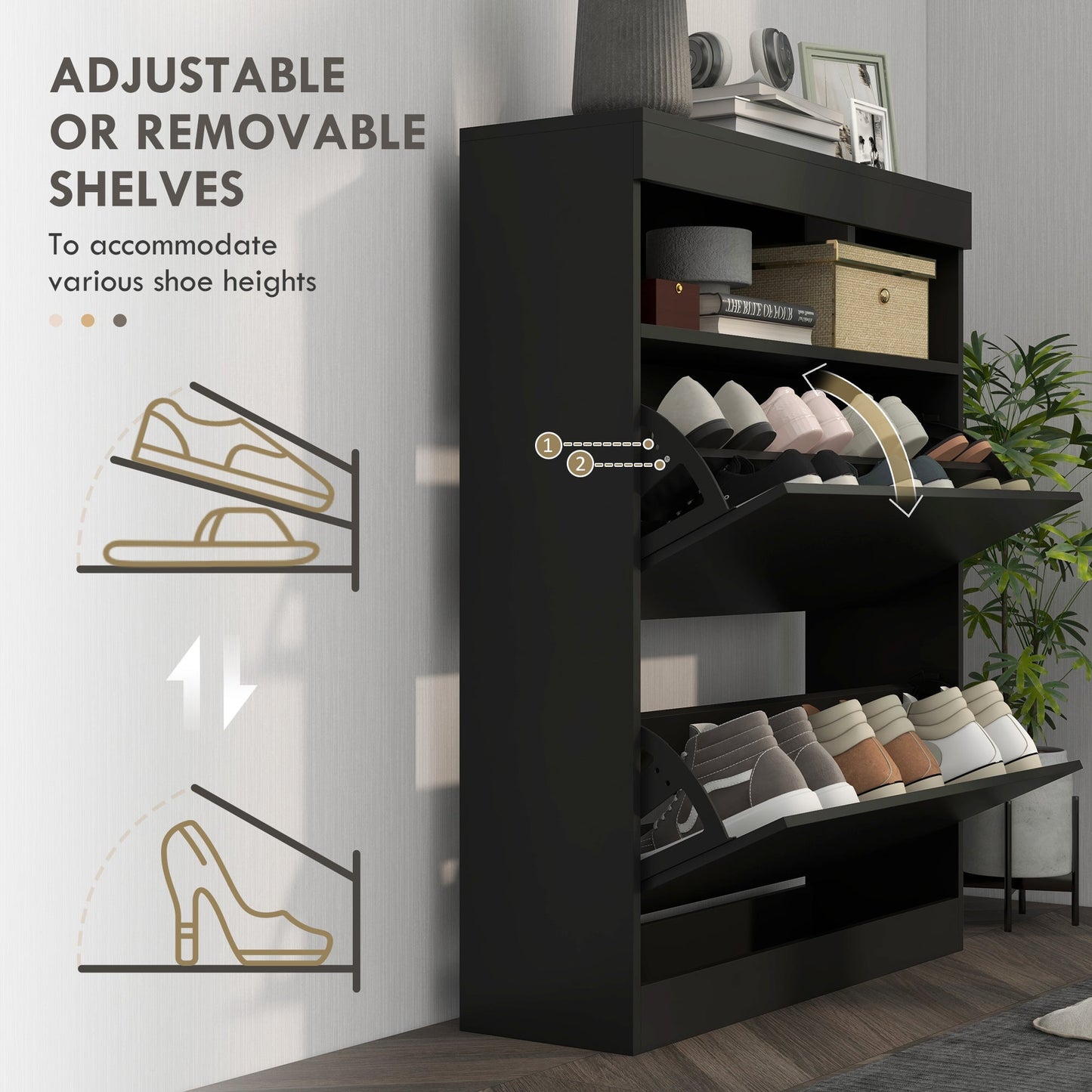 High Gloss Black Shoe Cabinet 2 Flip Drawers 16 Pair Shoes Storage Organiser