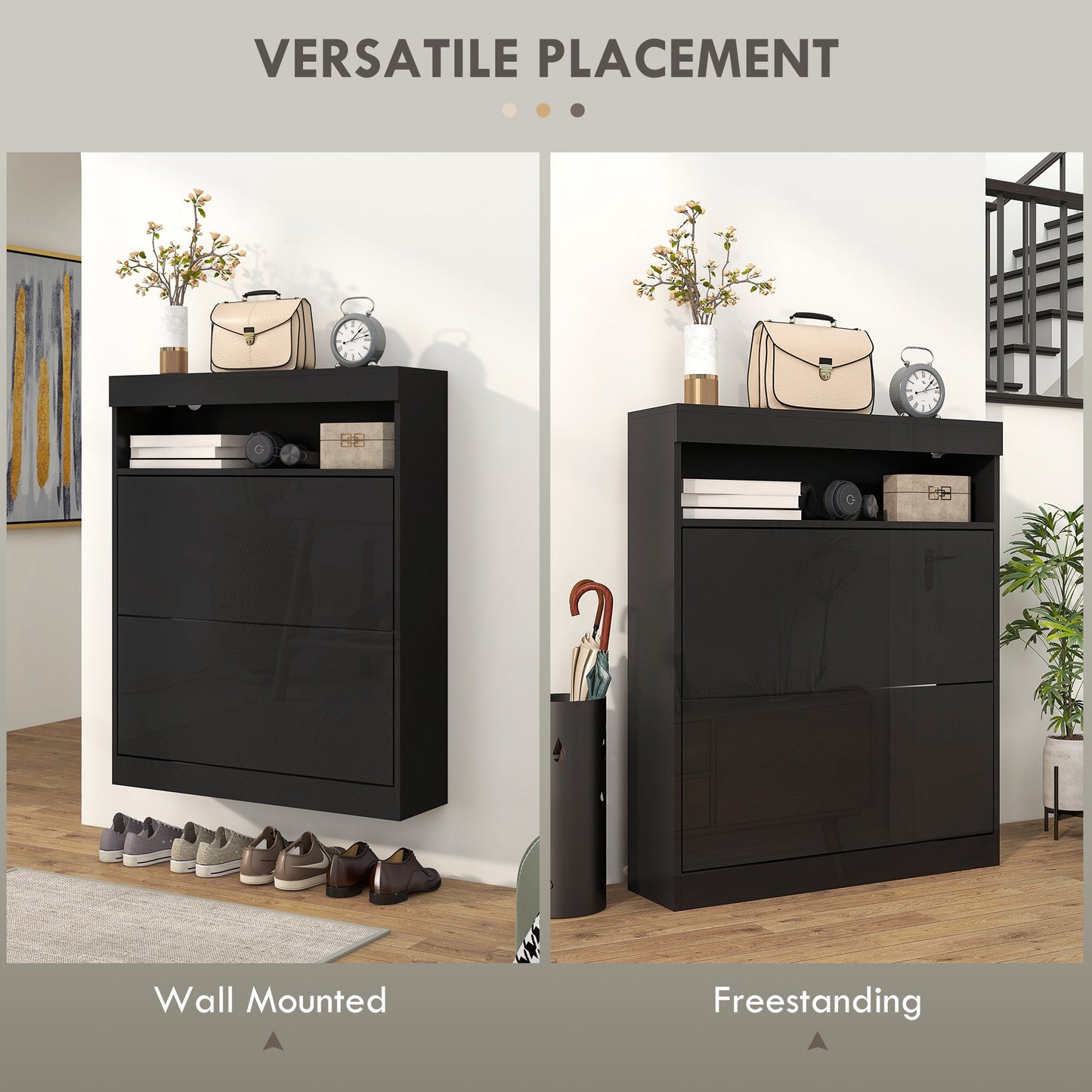 High Gloss Black Shoe Cabinet 2 Flip Drawers 16 Pair Shoes Storage Organiser