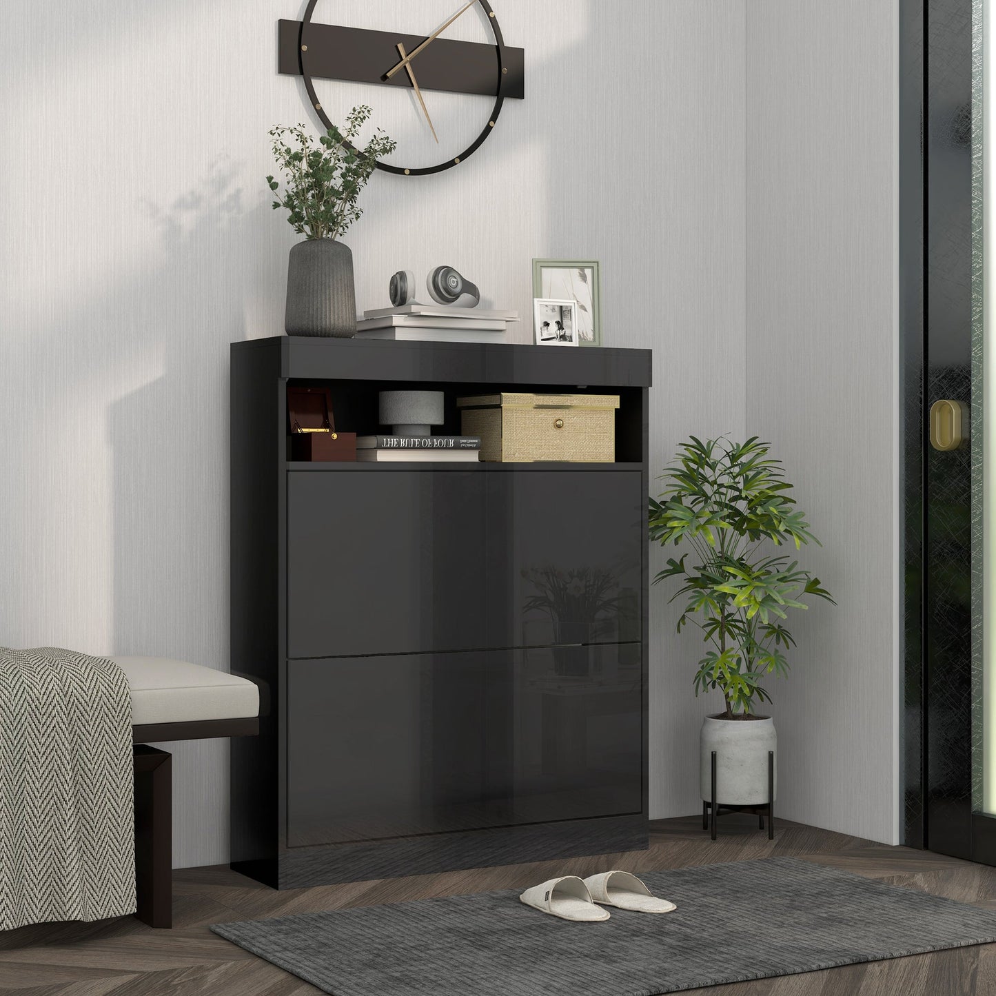 High Gloss Black Shoe Cabinet 2 Flip Drawers 16 Pair Shoes Storage Organiser