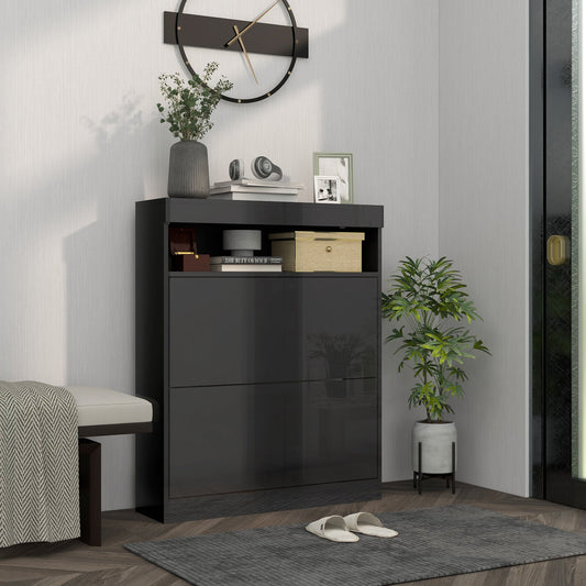 High Gloss Black Shoe Cabinet 2 Flip Drawers 16 Pair Shoes Storage Organiser