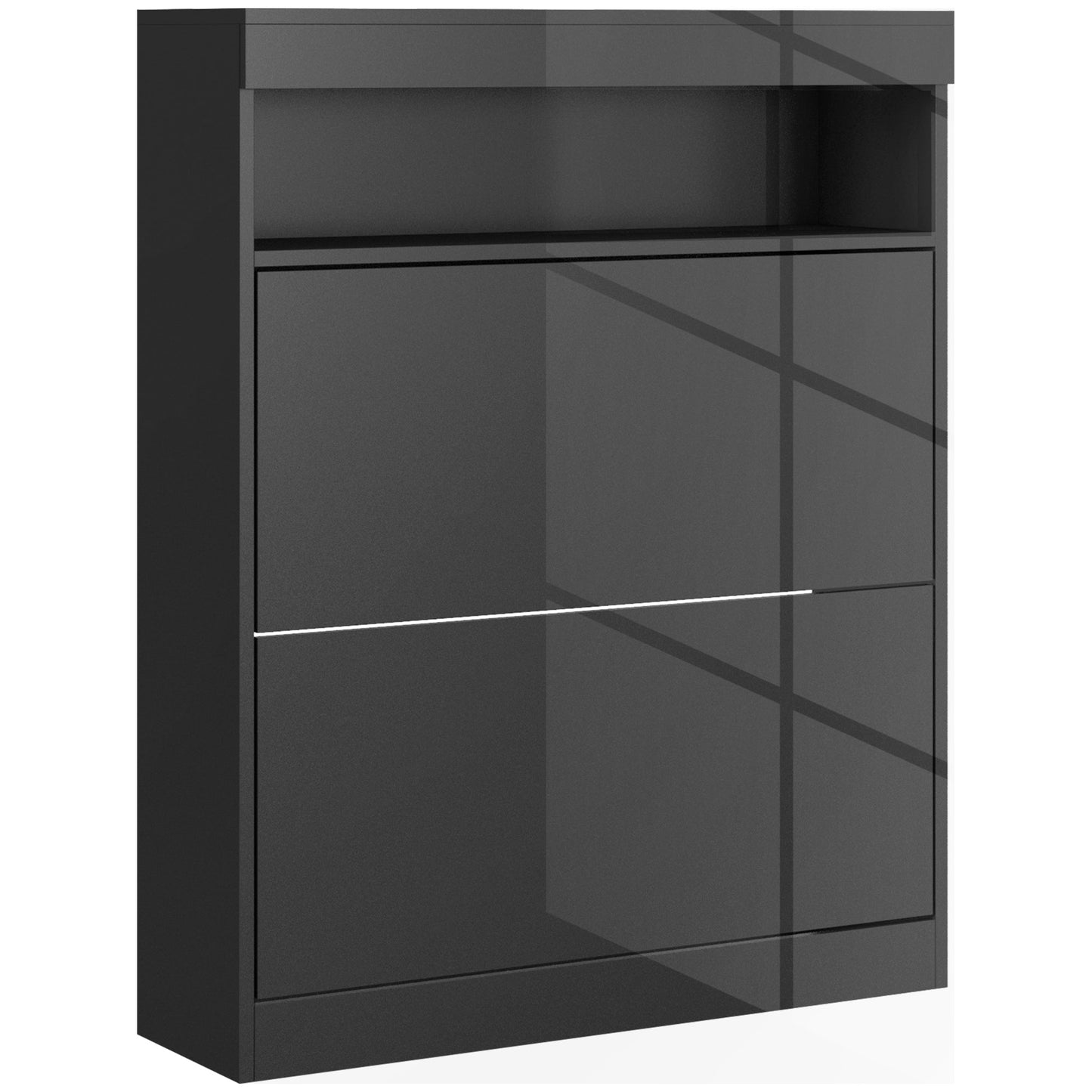 High Gloss Black Shoe Cabinet 2 Flip Drawers 16 Pair Shoes Storage Organiser