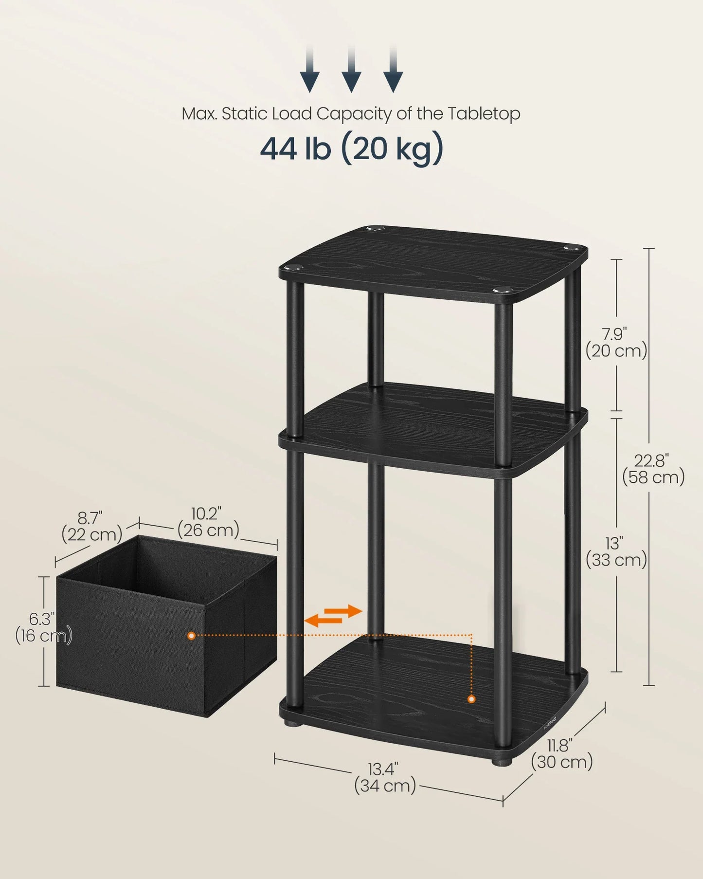 Black Side Table with 3 Shelves & Fabric Basket Bedside End Table Home Storage