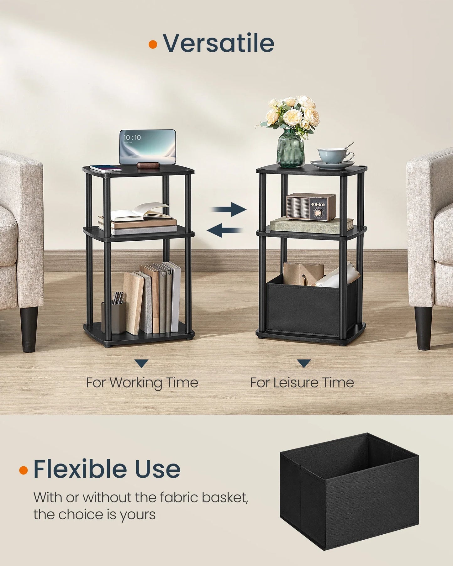 Black Side Table with 3 Shelves & Fabric Basket Bedside End Table Home Storage