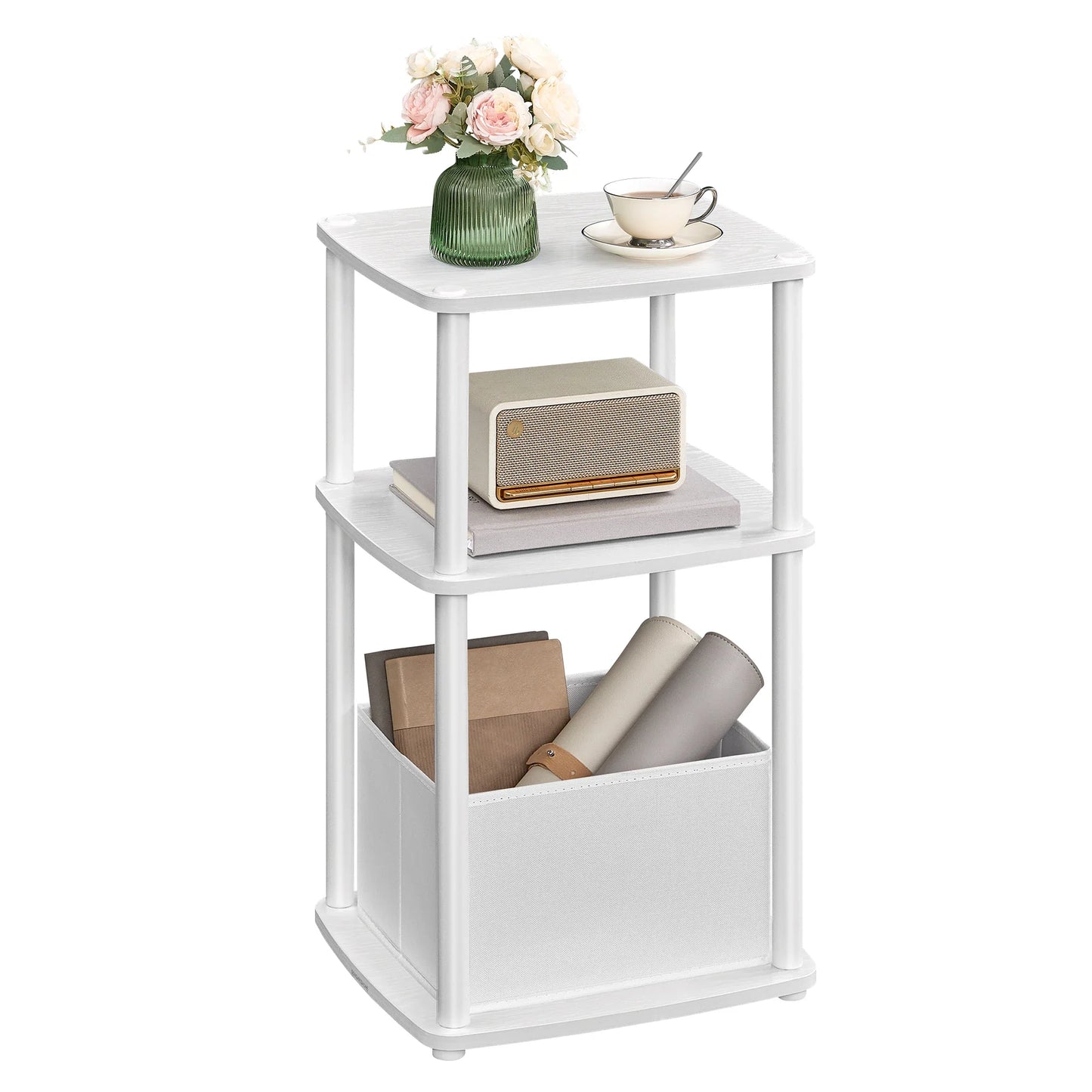 Black Side Table with 3 Shelves & Fabric Basket Bedside End Table Home Storage