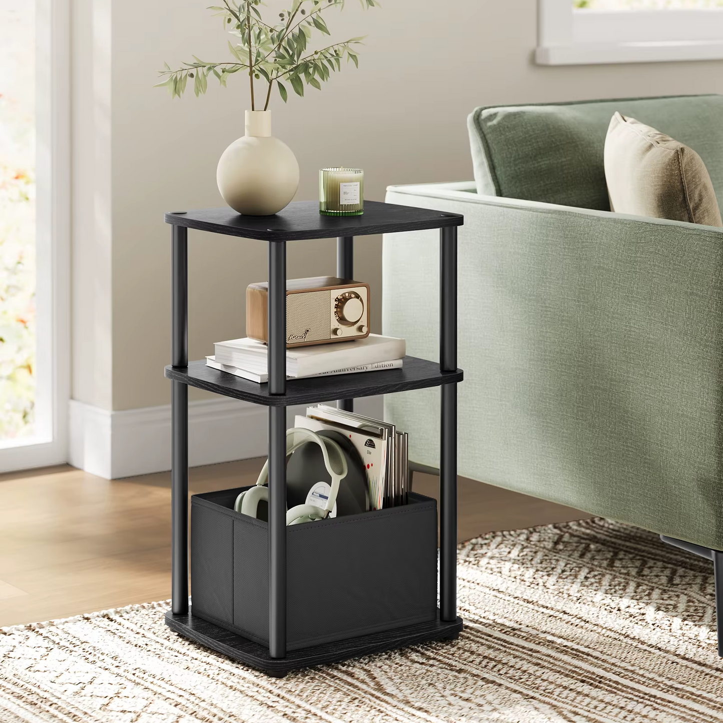 Black Side Table with 3 Shelves & Fabric Basket Bedside End Table Home Storage
