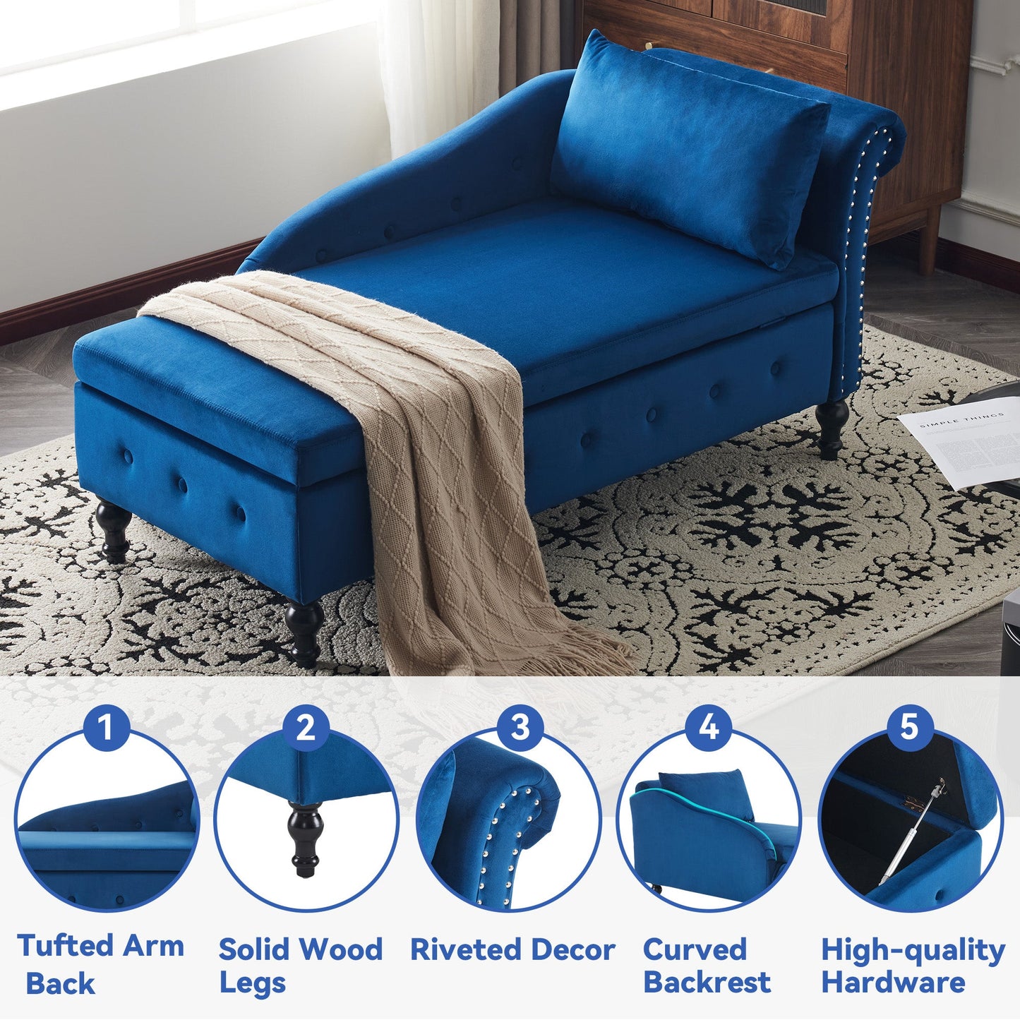 Velvet Chaise Lounge with Storage Right Arm Blue Upholstered Sofa Longue Chair