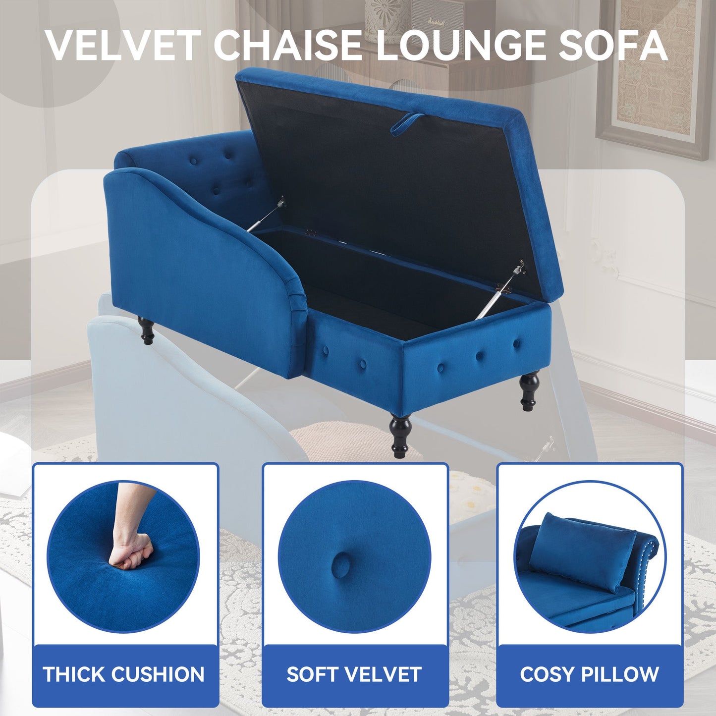 Velvet Chaise Lounge with Storage Right Arm Blue Upholstered Sofa Longue Chair