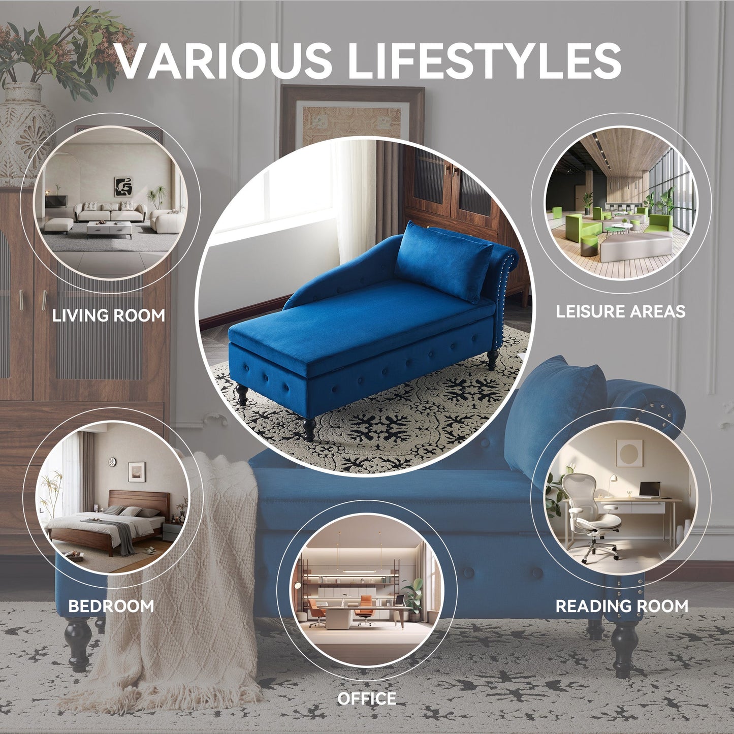 Velvet Chaise Lounge with Storage Right Arm Blue Upholstered Sofa Longue Chair