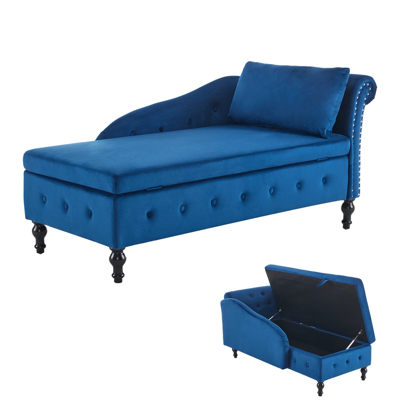 Velvet Chaise Lounge with Storage Right Arm Blue Upholstered Sofa Longue Chair
