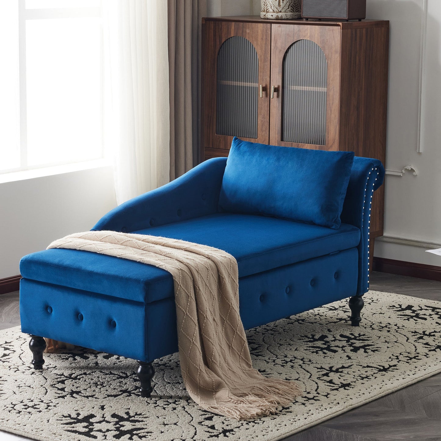 Velvet Chaise Lounge with Storage Right Arm Blue Upholstered Sofa Longue Chair