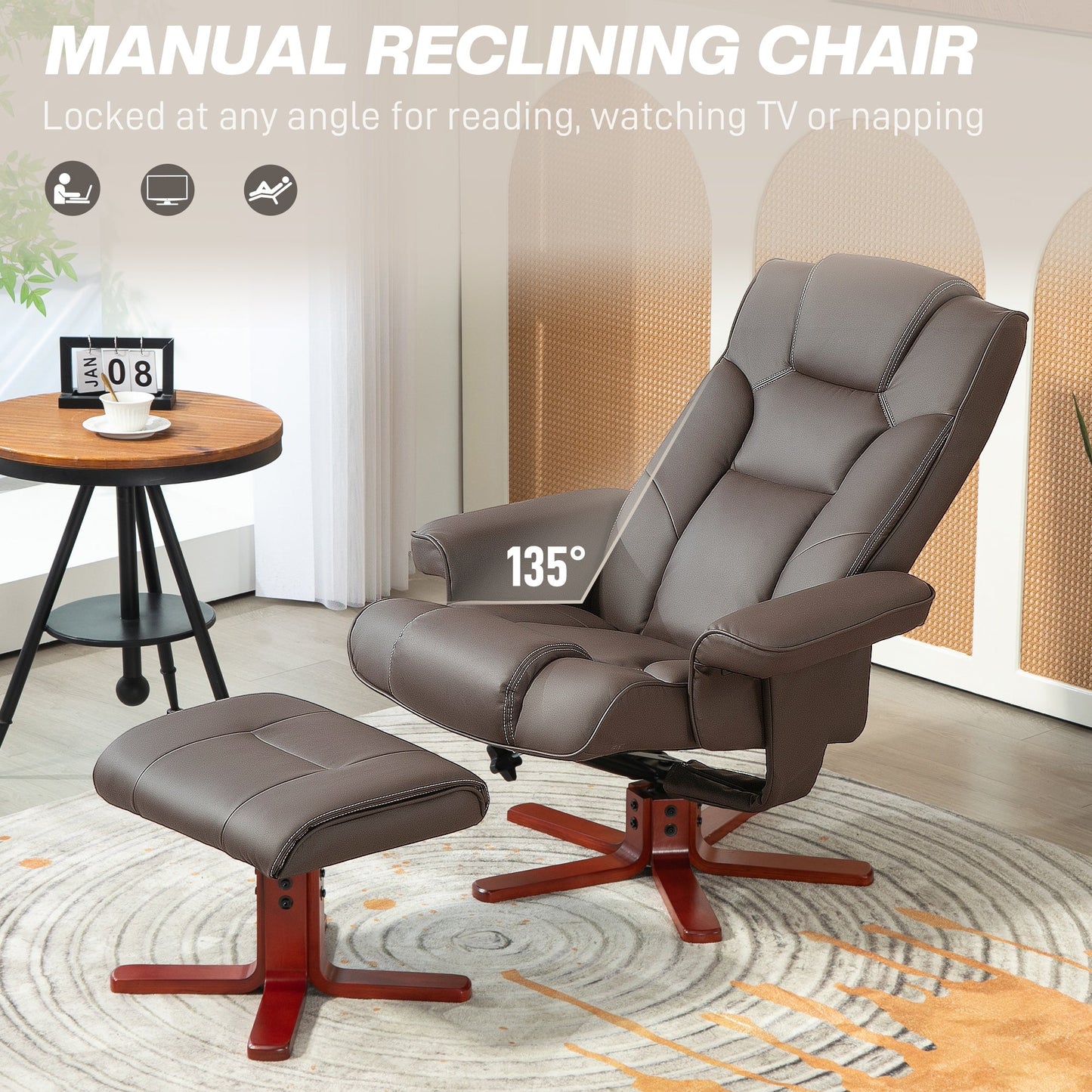Faux Leather Recliner Chair with Footstool Brown - Home Living Room Seat Wood