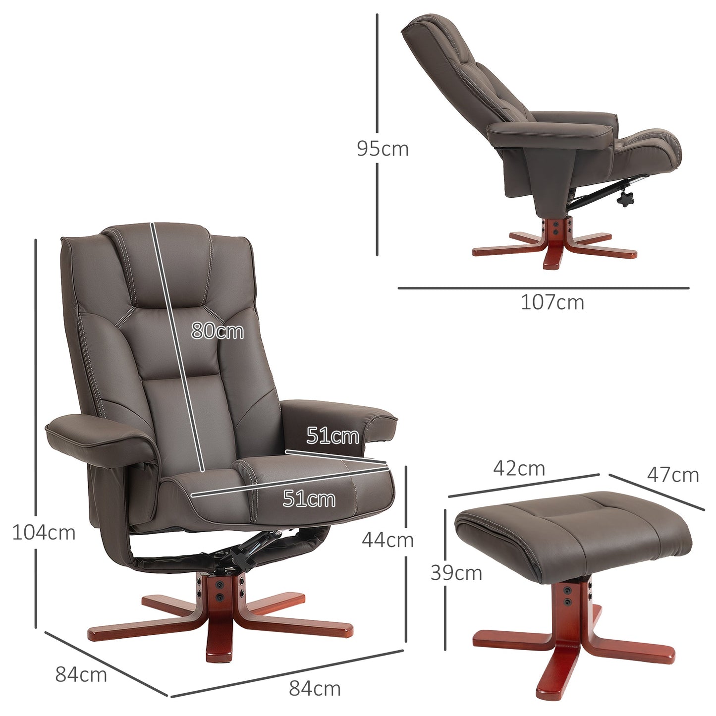 Faux Leather Recliner Chair with Footstool Brown - Home Living Room Seat Wood