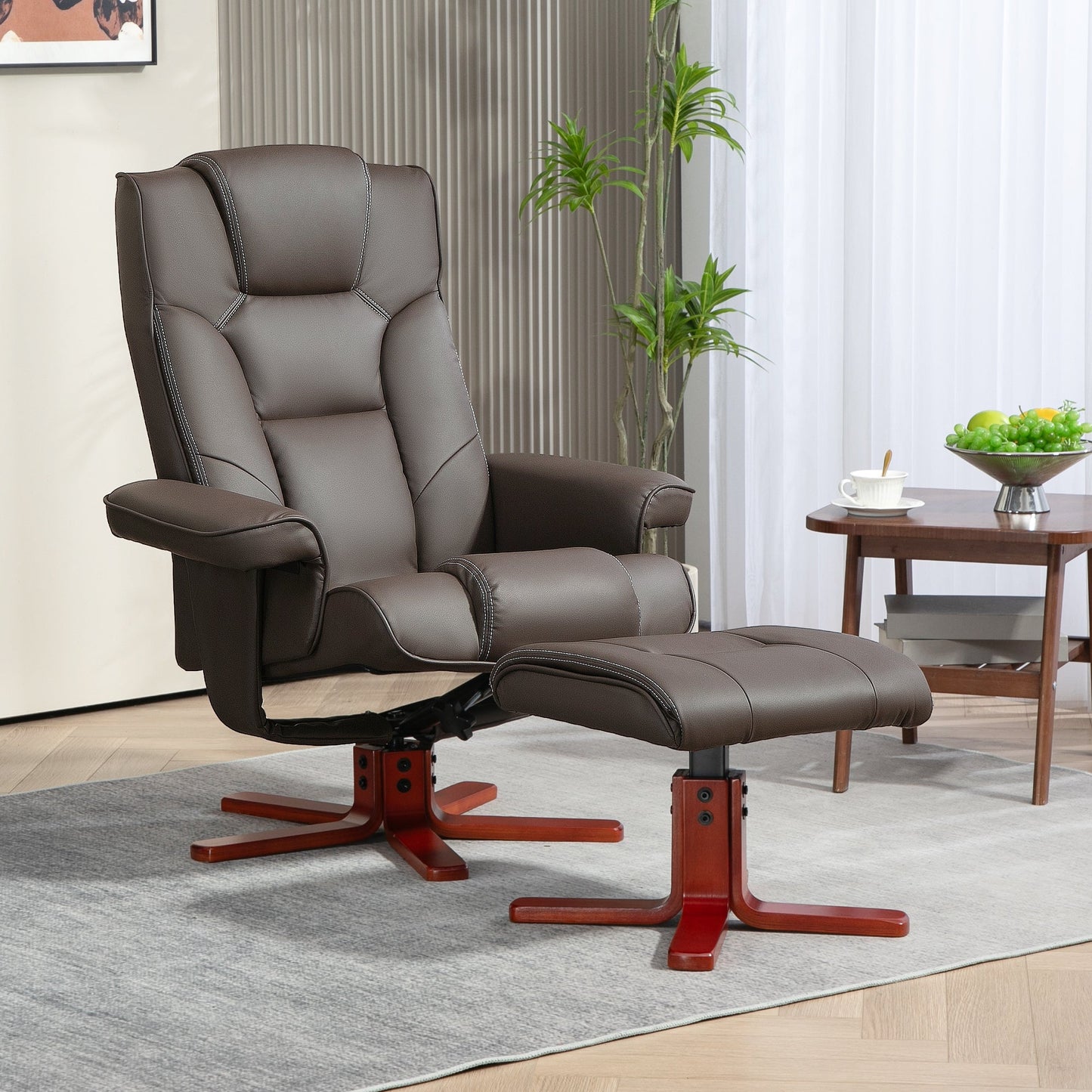 Faux Leather Recliner Chair with Footstool Brown - Home Living Room Seat Wood