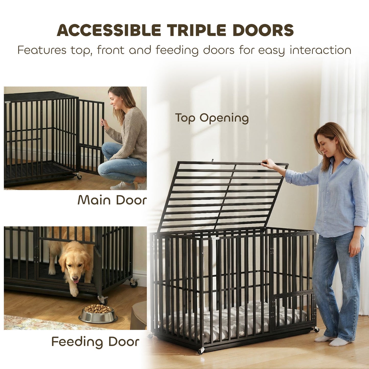 PawHut Heavy Duty Dog Crate, Dog Cage with Wheels for Medium Large Breeds, Metal Pet Kennel with Removable Tray
