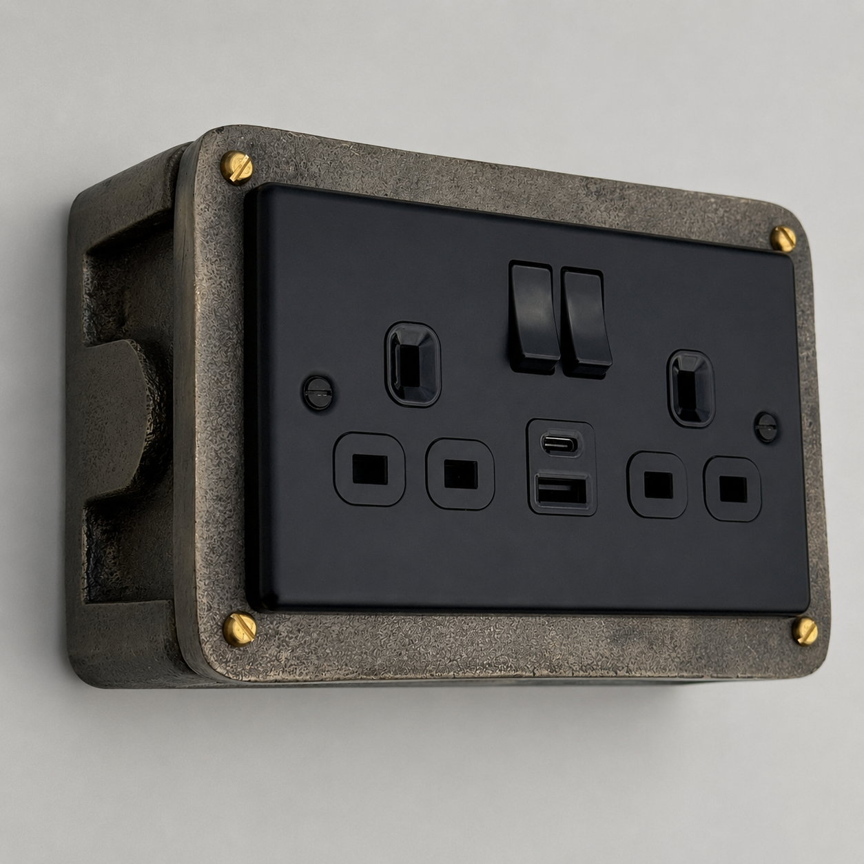 Matt Black Double Gang Plug Socket with Industrial Antique Brass Back Conduit Box