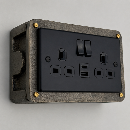 Matt Black Double Gang Plug Socket with Industrial Antique Brass Back Conduit Box