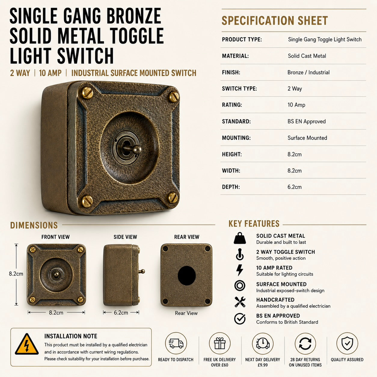 Single Gang Antique Brass Solid Cast Metal Surface Mounting Light Switch Industrial 2 Way
