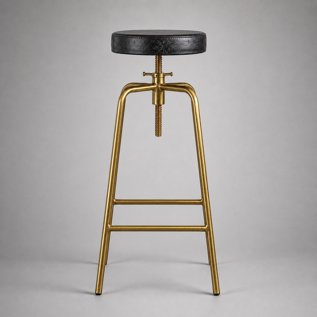 Antique Brass & Black Leather Adjustable Bar Stool