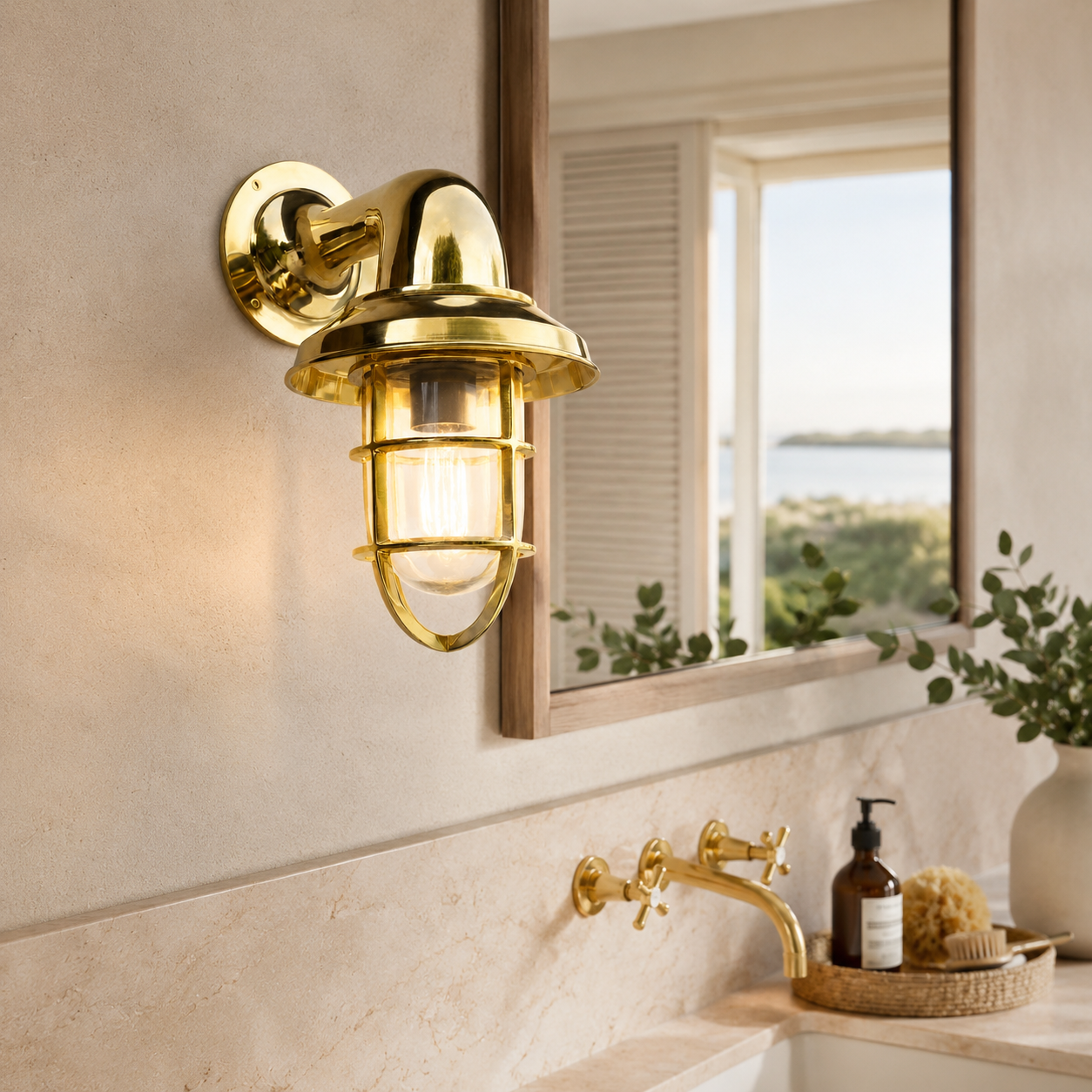 Wells Solid Brass Caged Swan Neck Wall Light - IP65