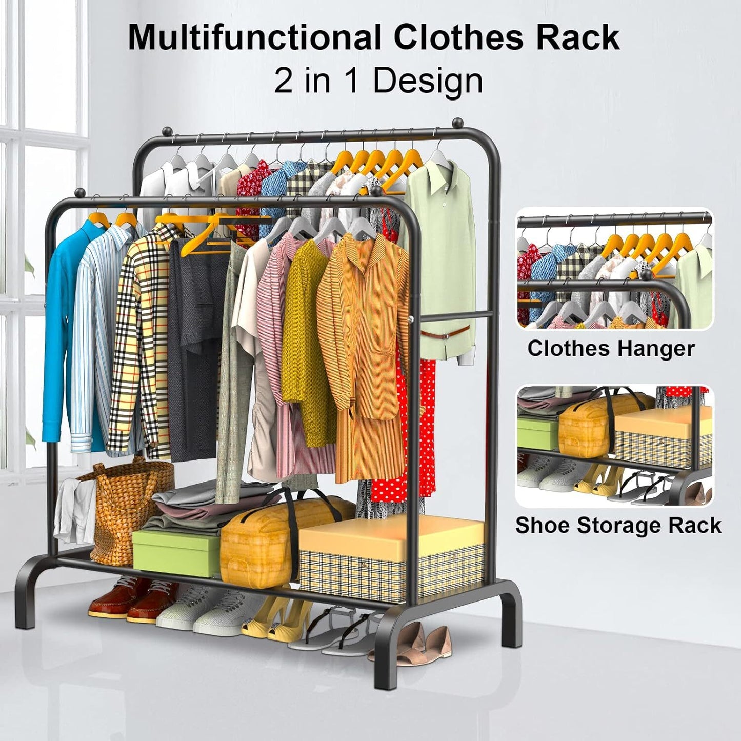 Heavy Duty Double Clothes Rail Hanging Rack Garment Stand Shoe Storage Steel
