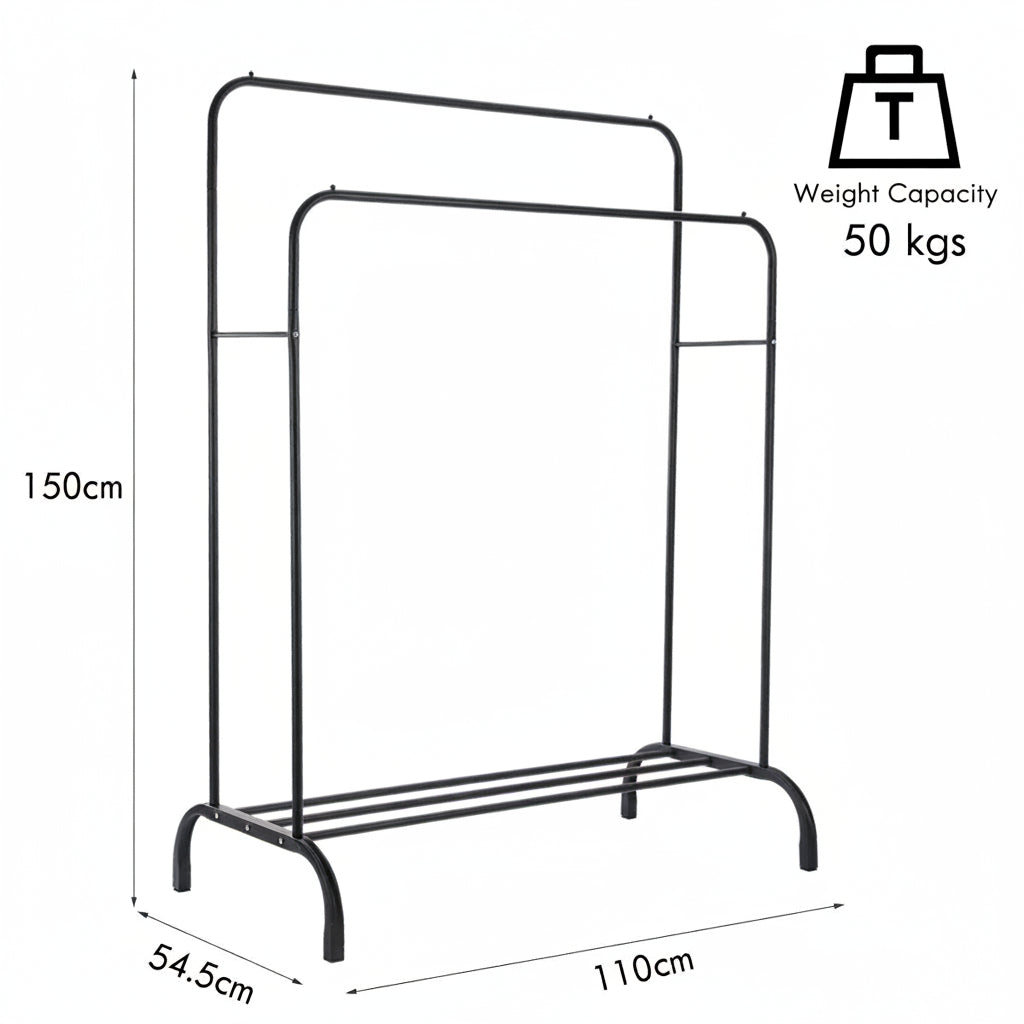 Heavy Duty Double Clothes Rail Hanging Rack Garment Stand Shoe Storage Steel