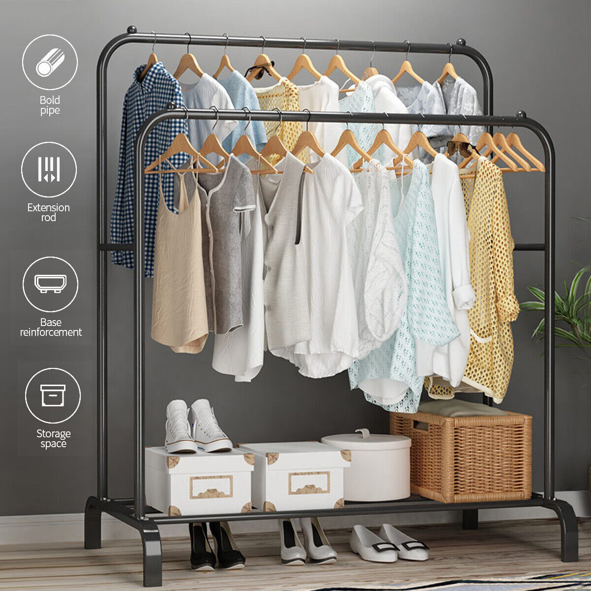 Heavy Duty Double Clothes Rail Hanging Rack Garment Stand Shoe Storage Steel