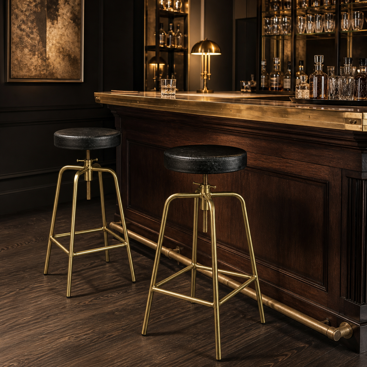 Antique Brass & Black Leather Adjustable Bar Stool