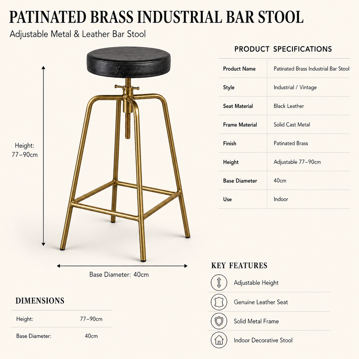 Antique Brass & Black Leather Adjustable Bar Stool