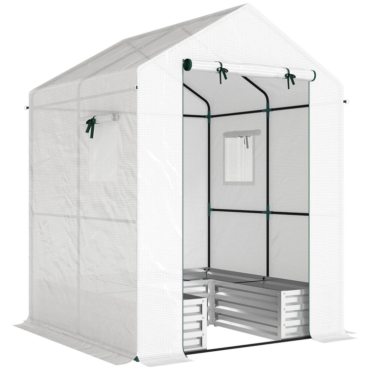 Outsunny Small Greenhouse with Raised Garden Bed, Galvanised Walk-in Greenhouse with Roll Up Windows, 141 x 141 x 190 cm, White