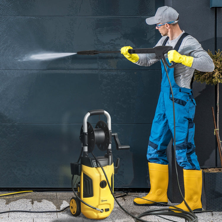 Outsunny 1800W High Pressure Washer, 150 Bar Pressure, 420 L/h Flow, Portable Power Washer Jet Wash Cleaner with Adjustable Nozzle, 6M Hose, Hose Reel, Steel Handle for Home Patio Car Driveway, Yellow