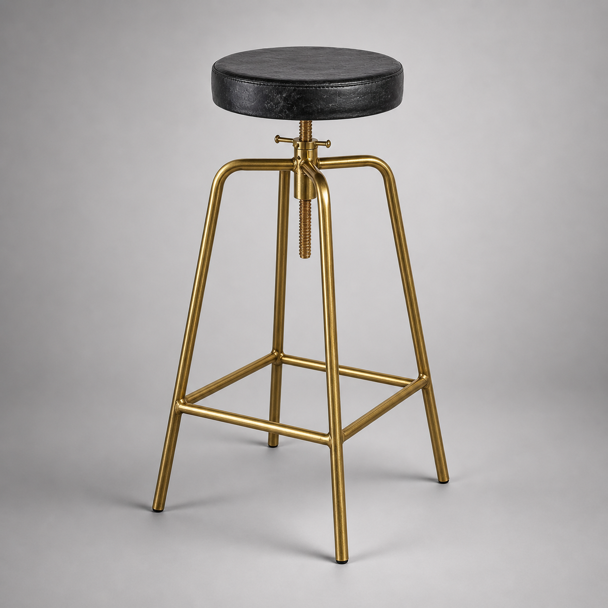 Antique Brass & Black Leather Adjustable Bar Stool