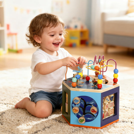 AIYAPLAY Wooden Activity Cube, Baby Toys with Bead Maze, Pattern Sorter for Toddlers Boys and Girls 18+ Months