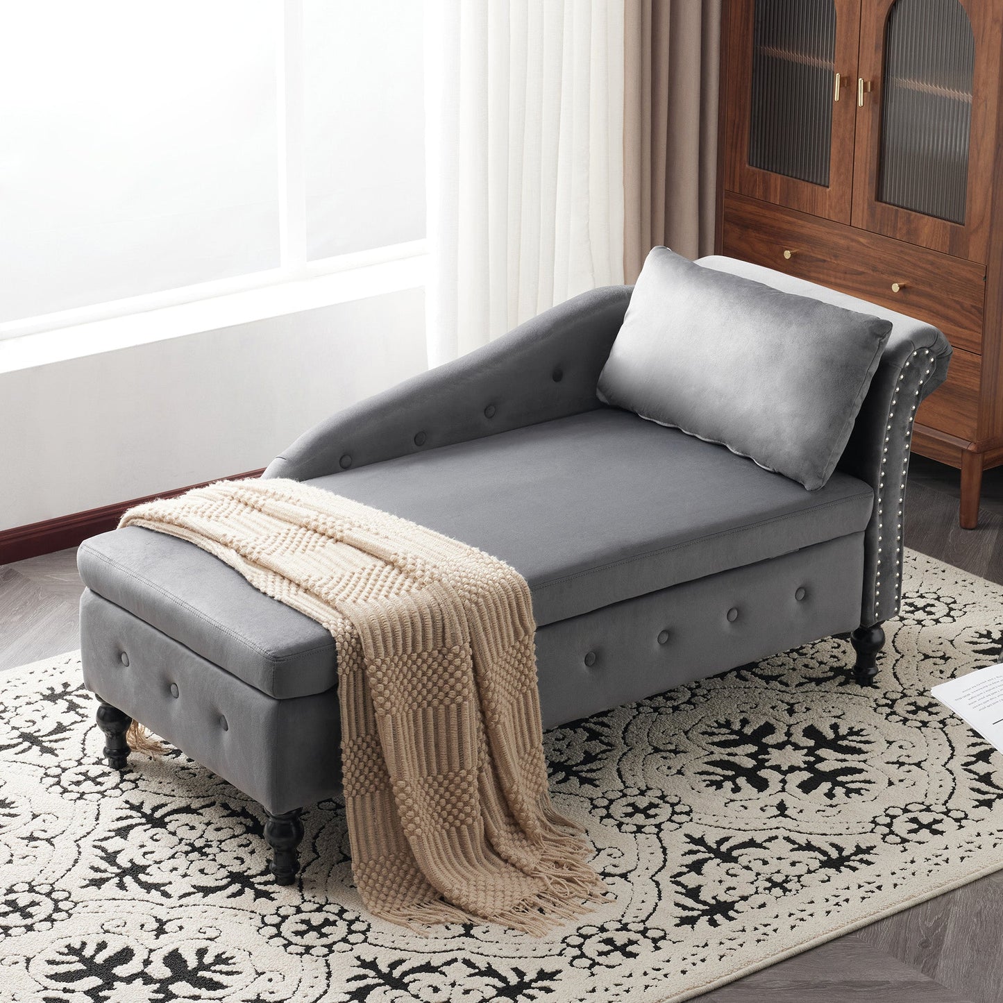 Velvet Chaise Lounge with Storage Right Arm Grey Upholstered Sofa Longue Chair