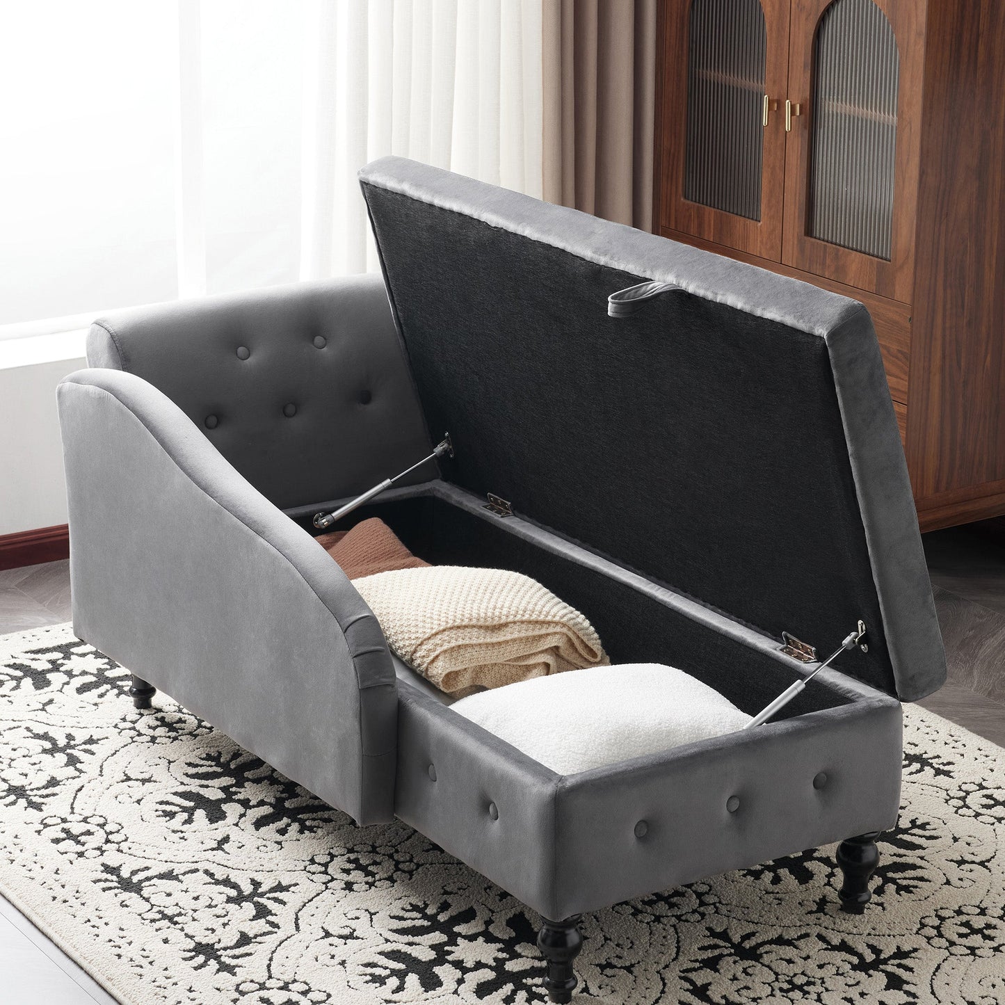 Velvet Chaise Lounge with Storage Right Arm Grey Upholstered Sofa Longue Chair