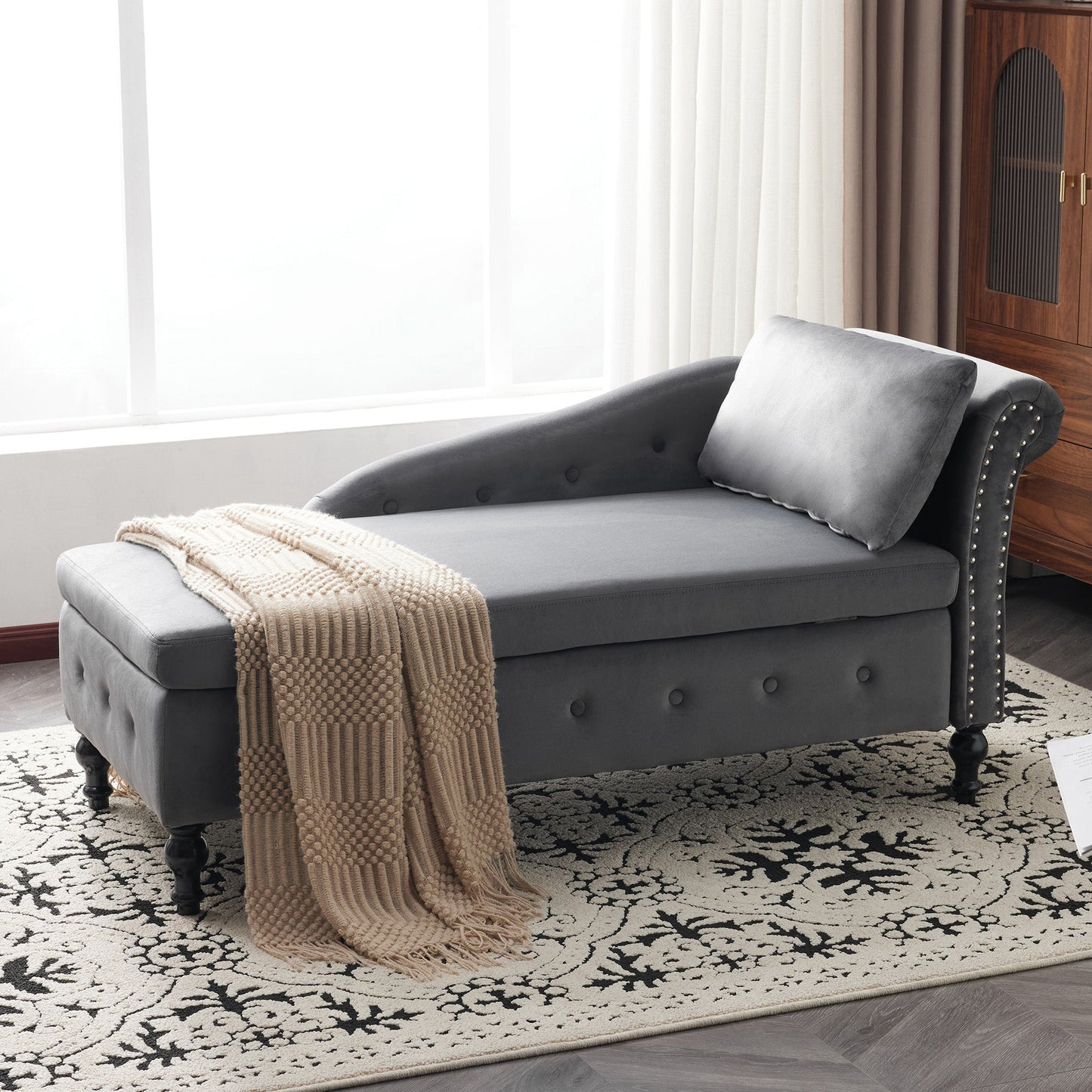 Velvet Chaise Lounge with Storage Right Arm Grey Upholstered Sofa Longue Chair