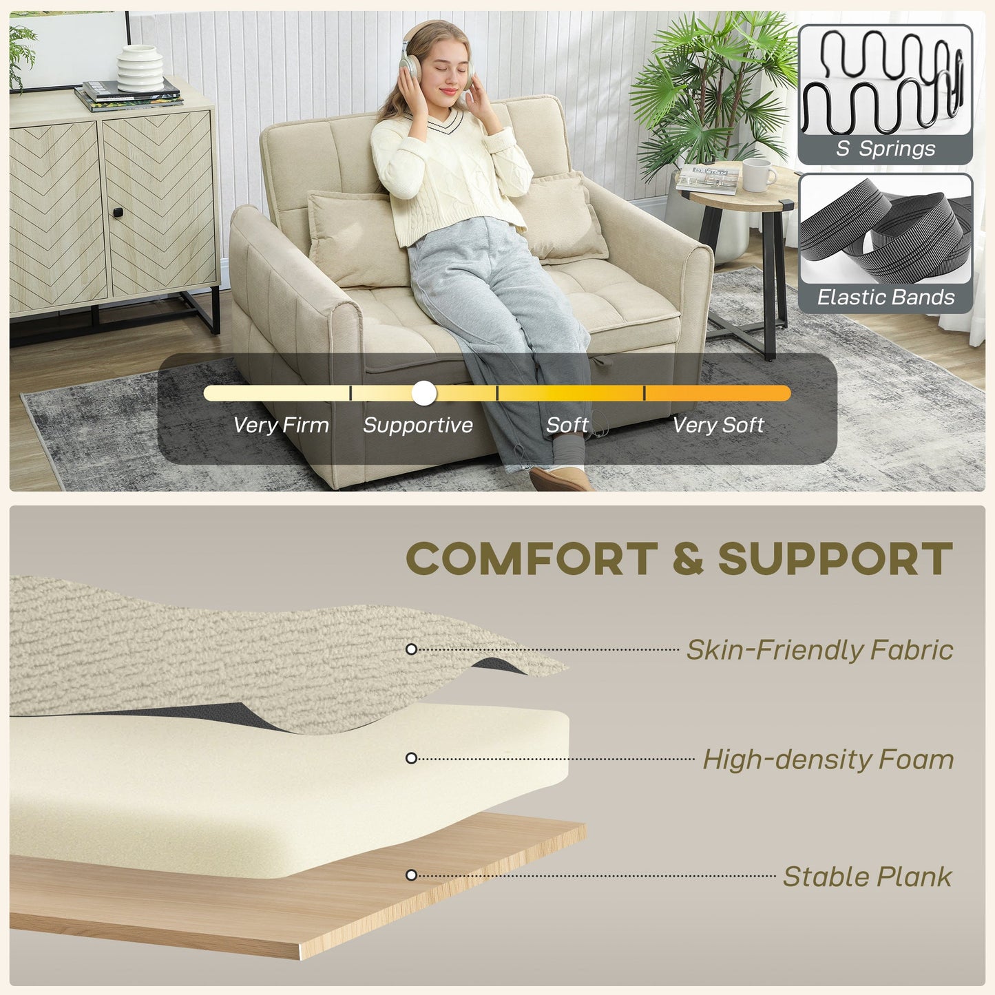 HOMCOM 2 Seater Sofa Bed, 3-in-1 Convertible Sleeper Sofa with Click-clack Adjustable Backrest and 2 Pillows, Light Brown