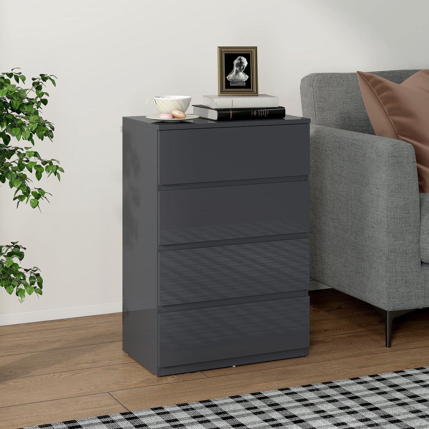 High Gloss Chest of Drawers Grey 4 Drawer Modern Storage Cabinet Dresser Grey