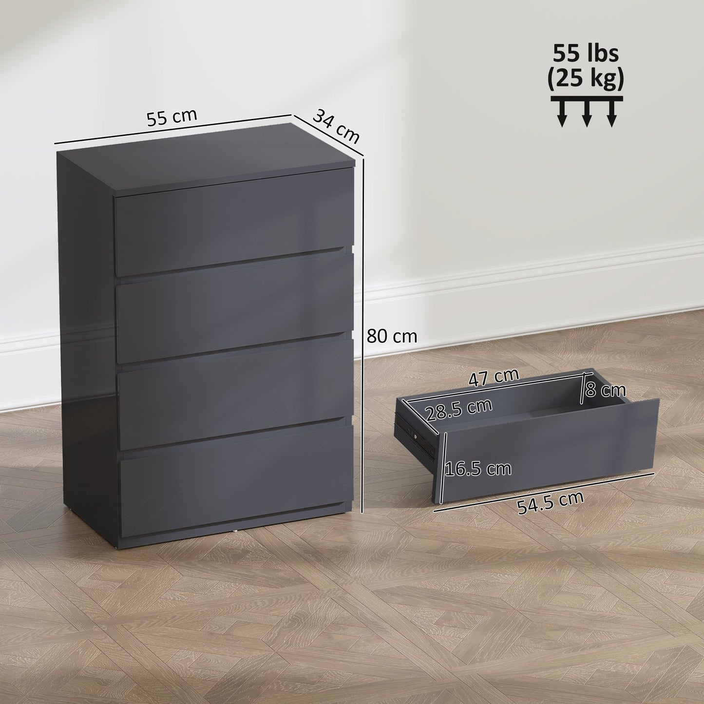 High Gloss Chest of Drawers Grey 4 Drawer Modern Storage Cabinet Dresser Grey