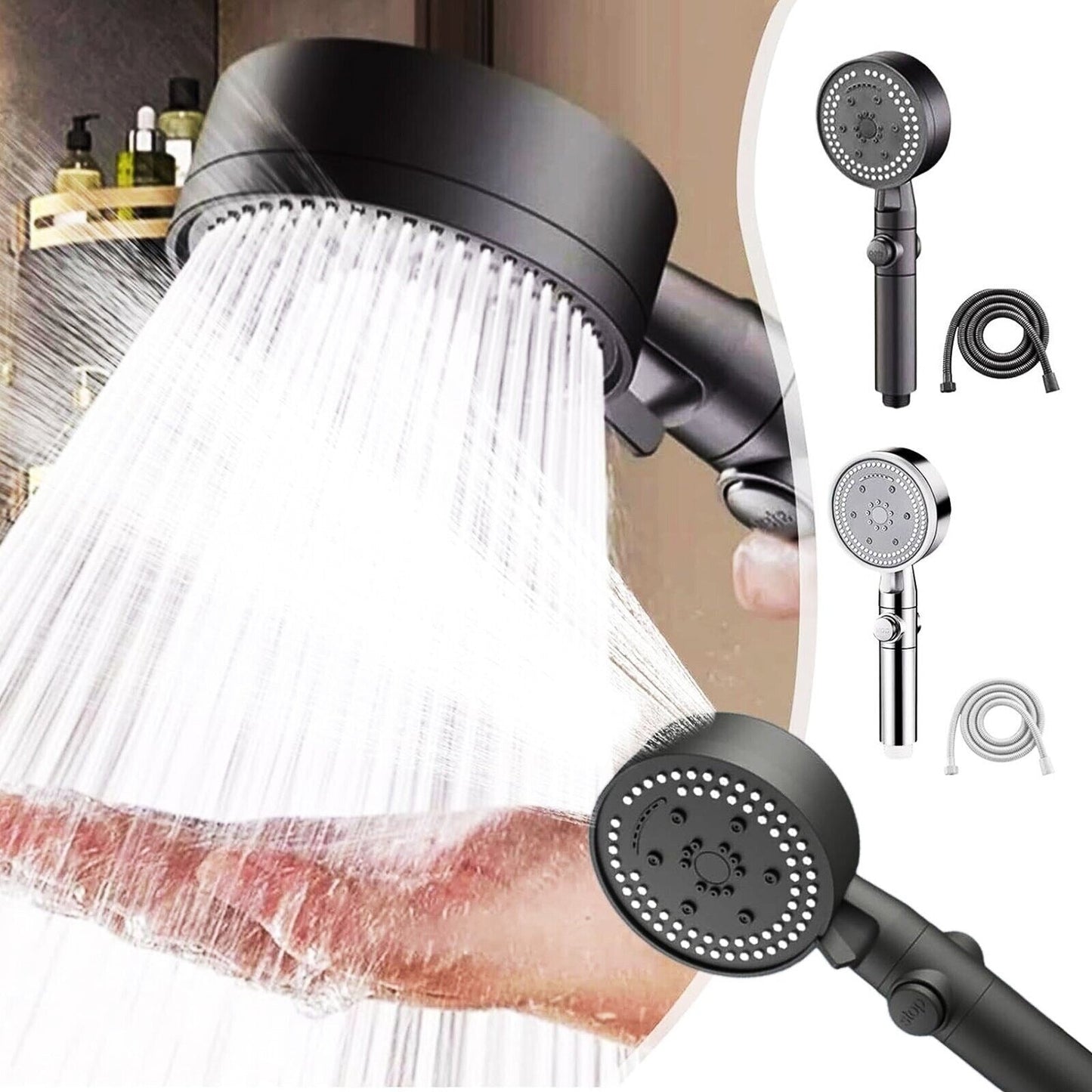 High Pressure Shower Head 5 Modes Chrome Handset with Hose Bathroom Accessories