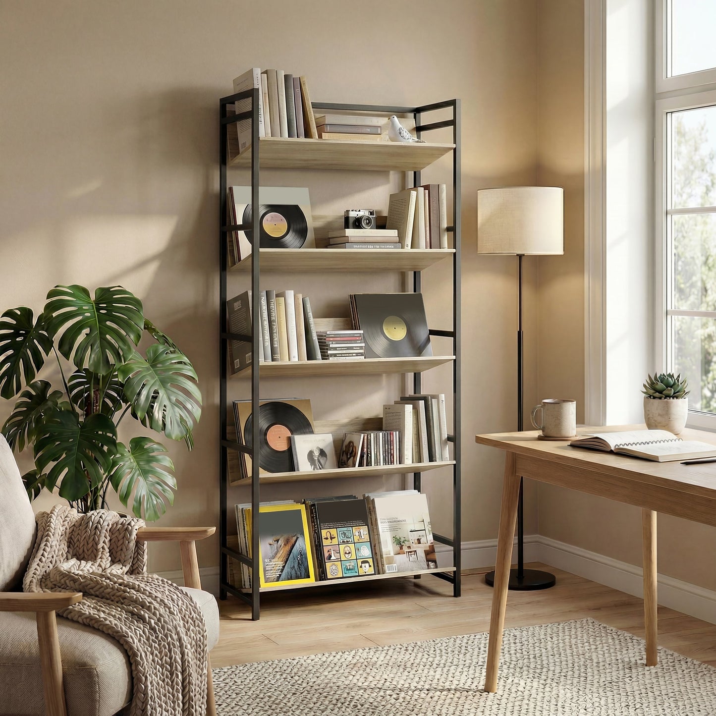 HOMCOM Bookshelf 5-Tier Metal Frame Bookcase Storage Shelves for Living Room Oak