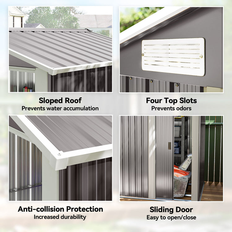 Outsunny Garden Metal Tool Storage Shed with Sliding Door, Sloped Roof and Foundation Kit, 152 x 132 x 188cm, Grey