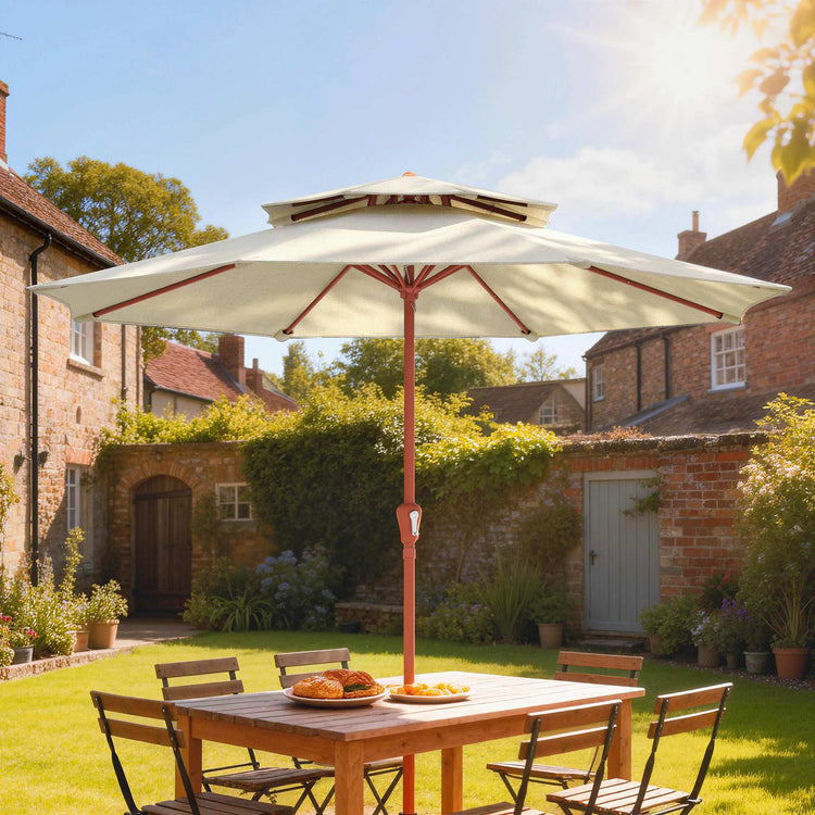 Outsunny 2.7 m Garden Parasol with Double Top Outdoor Market Table Umbrella with Crank System, Cream White