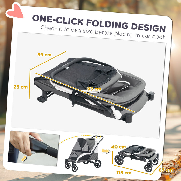 PawHut Easy Folding Pet Stroller for Large Dogs with 4 Big Wheels, Shock Absorb Frame, Safety Leashes, Brakes, Dark Grey