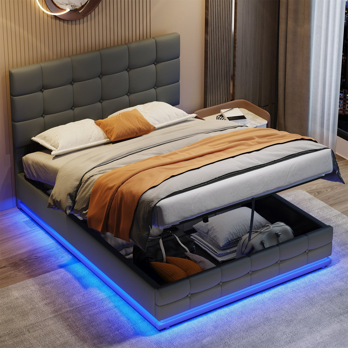 Ottoman Double Bed with LED Lights & Storage Grey PU Leather Frame Smart App