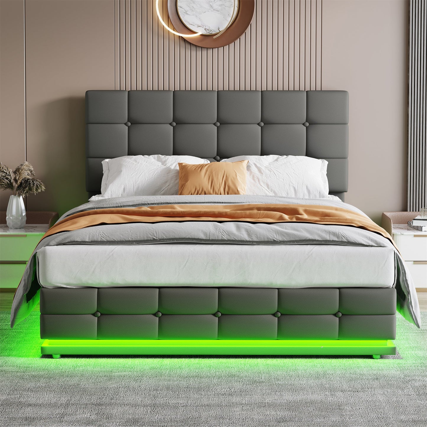 Ottoman Double Bed with LED Lights & Storage Grey PU Leather Frame Smart App